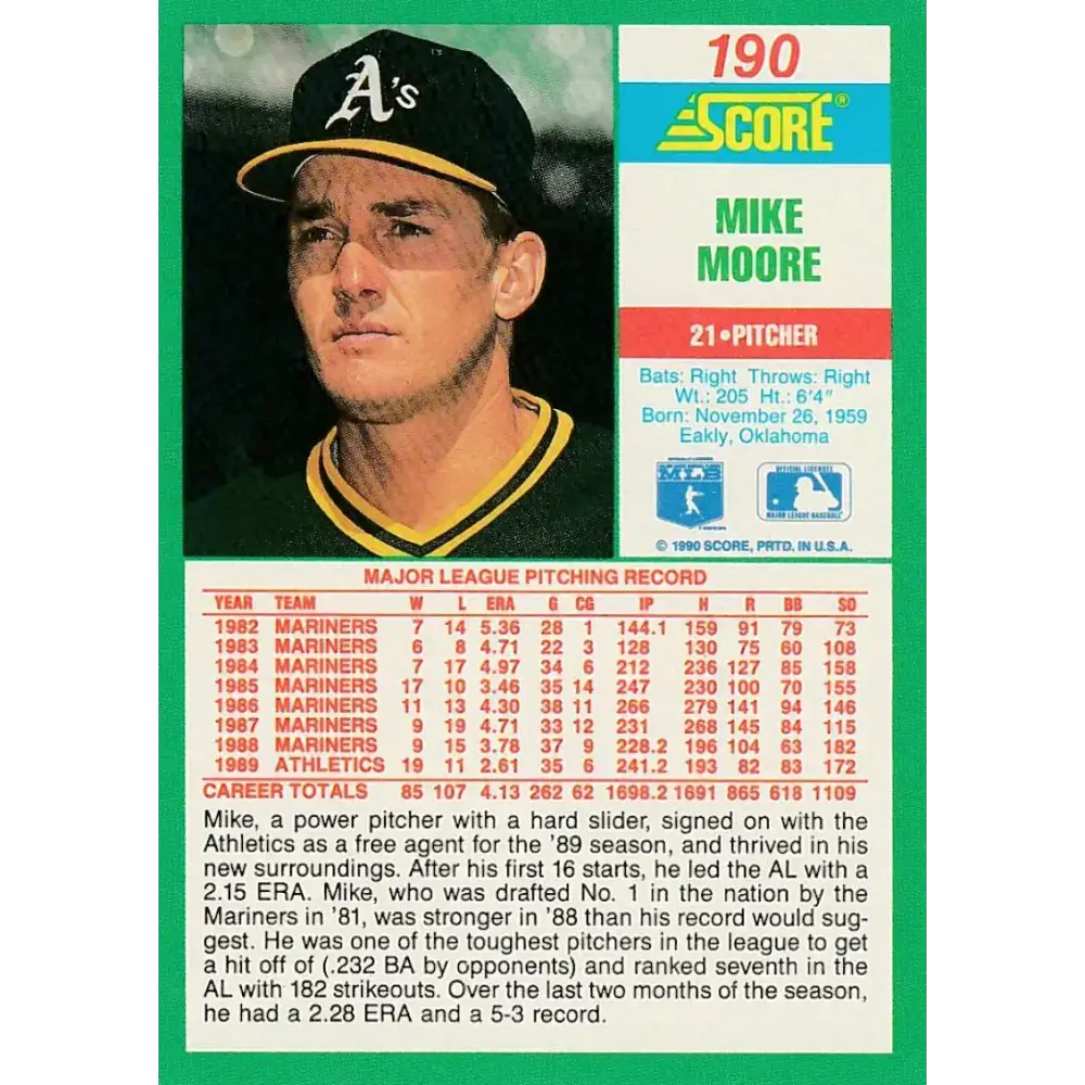 1990 Score #190 Mike Moore NM-MT Oakland Athletics Baseball Card - Baseball Card Single