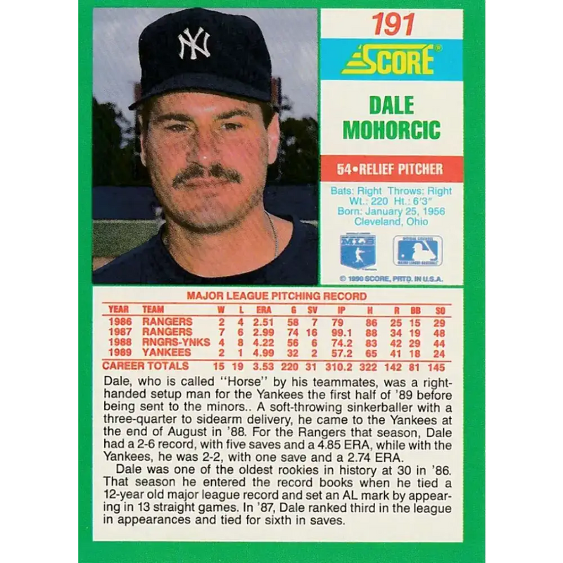 1990 Score #191 Dale Mohorcic NM-MT New York Yankees Baseball Card - Baseball Card Single