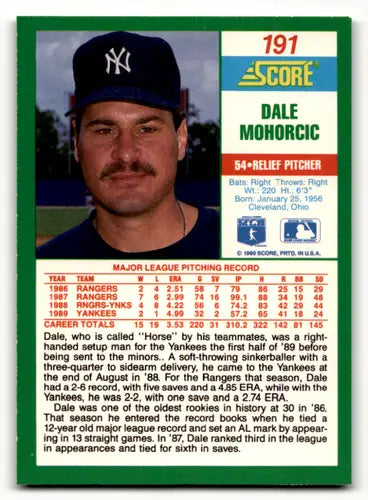 Original gloss Dale Mohorcic baseball card 1990 Score NM-MT Yankees ID 46165
