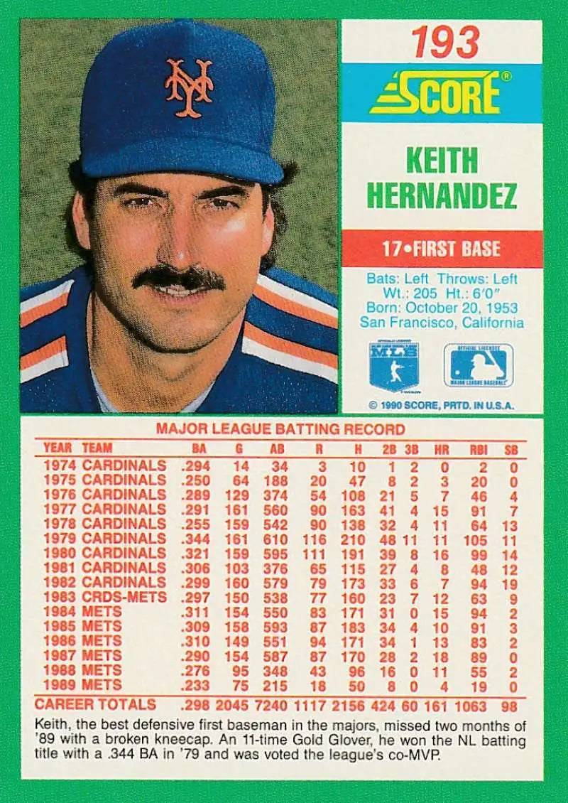 1990 Score #193 Keith Hernandez EX Excellent New York Mets Baseball Card - Baseball Card Single