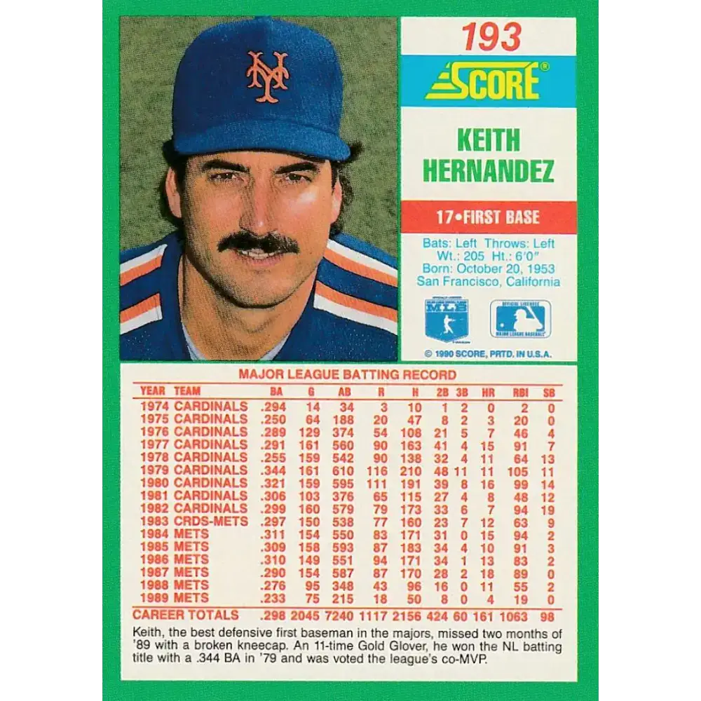1990 Score #193 Keith Hernandez NM-MT New York Mets Baseball Card - Baseball Card Single