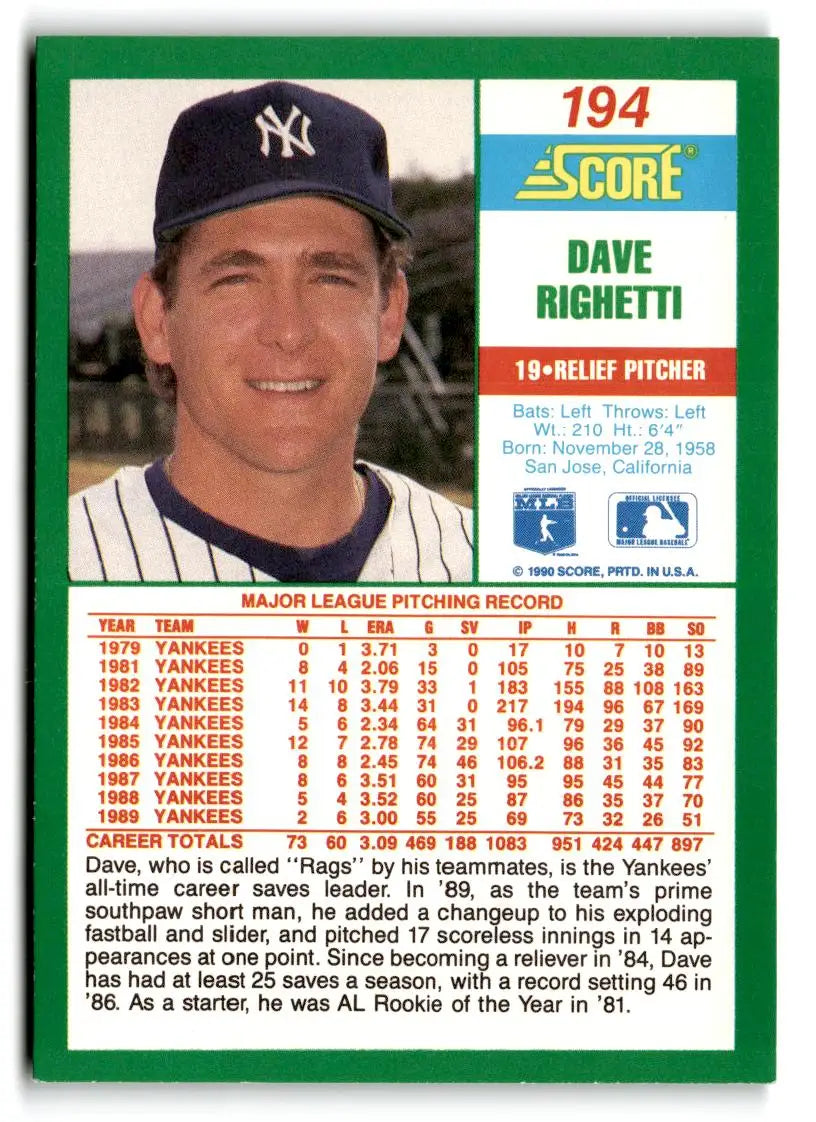 1990 Score #194 Dave Righetti - Baseball Card Single