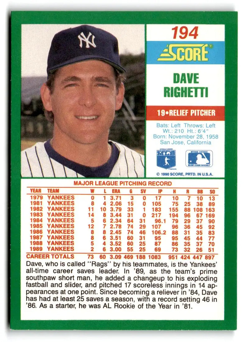 1990 Score #194 Dave Righetti - Baseball Card Single