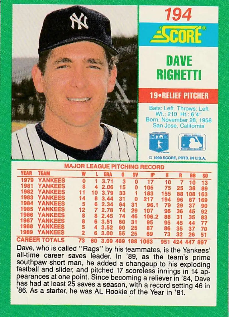 1990 Score #194 Dave Righetti EX Excellent New York Yankees Baseball Card - Baseball Card Single