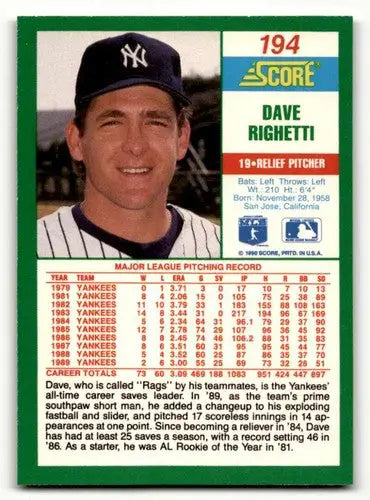 1990 Score #194 Dave Righetti ID:46860 - Baseball Card Single