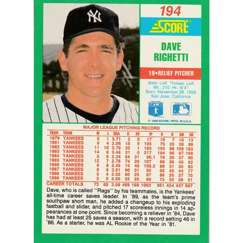 1990 Score #194 Dave Righetti NM-MT New York Yankees Baseball Card - Baseball Card Single