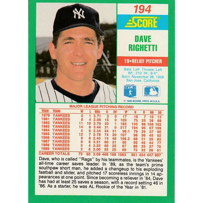 1990 Score #194 Dave Righetti NM-MT New York Yankees Baseball Card - Baseball Card Single