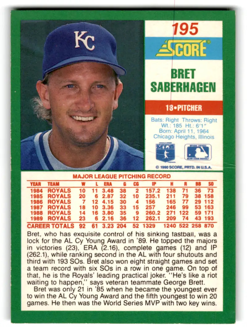 1990 Score #195b Bret Saberhagen COR NM-MT Royals ERR ID:70040 - Baseball Card Single
