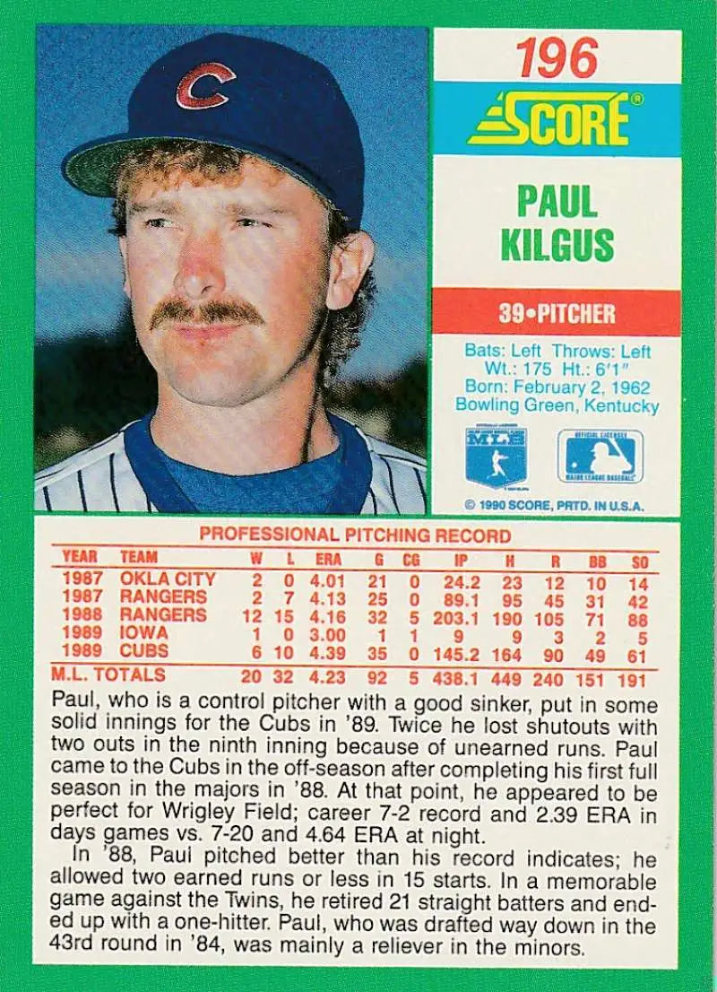 1990 Score #196 Paul Kilgus EX Excellent Chicago Cubs Baseball Card - Baseball Card Single