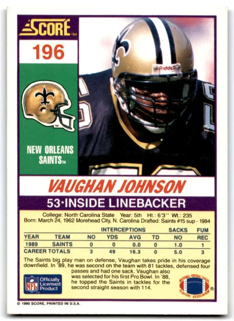 1990 Score #196 Vaughan Johnson NM-MT New Orleans Saints Football Card - Football Card Single