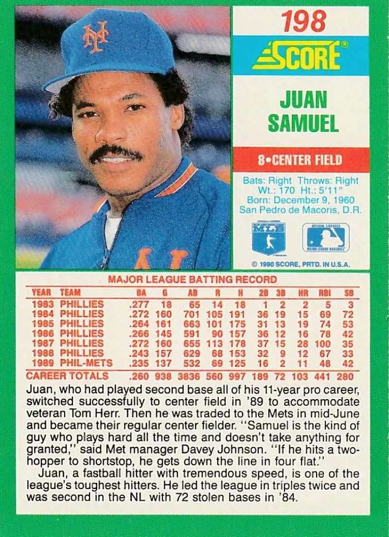 1990 Score #198 Juan Samuel EX Excellent New York Mets Baseball Card - Baseball Card Single