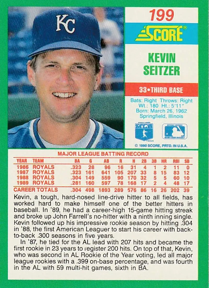 1990 Score #199 Kevin Seitzer EX Excellent Kansas City Royals Baseball Card - Baseball Card Single