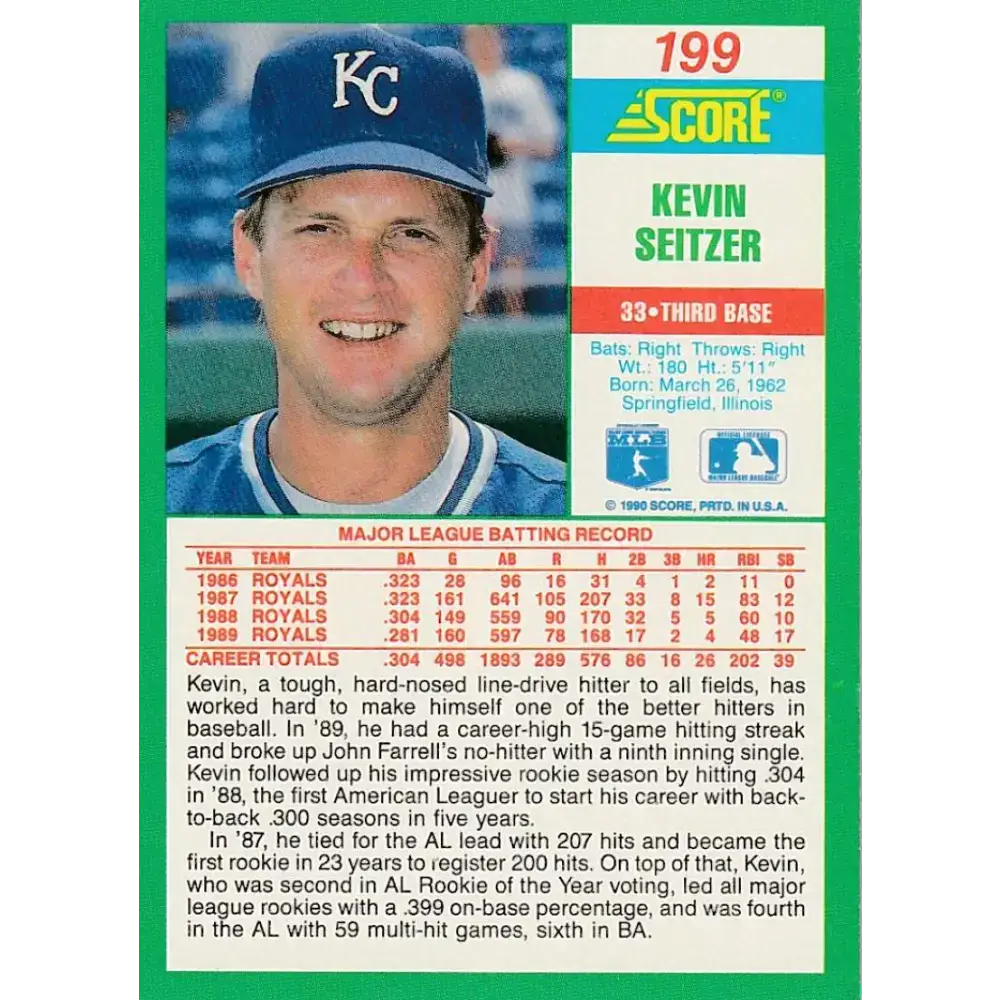 1990 Score #199 Kevin Seitzer NM-MT Kansas City Royals Baseball Card - Baseball Card Single