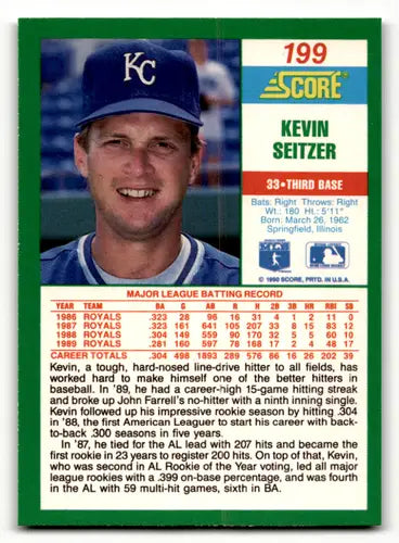 Original gloss Kevin Seitzer NM-MT baseball card from 1990 Score #199 Royals