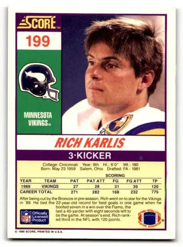 Original gloss Rich Karlis football card featuring Karlis Minnesota Vikings memorabilia