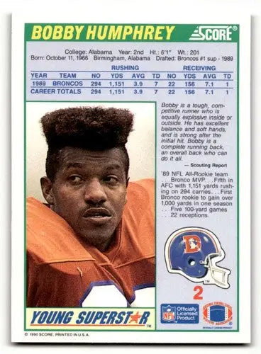 Original gloss Bobby Humphrey Broncos football card from 1990 Score NM-MT ID:62183