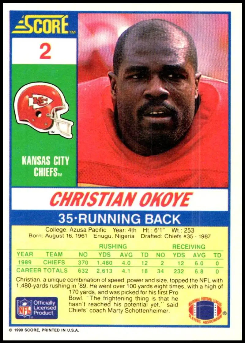 1990 Score #2 Christian Okoye NM-MT Kansas City Chiefs Football Card - Football Card Single
