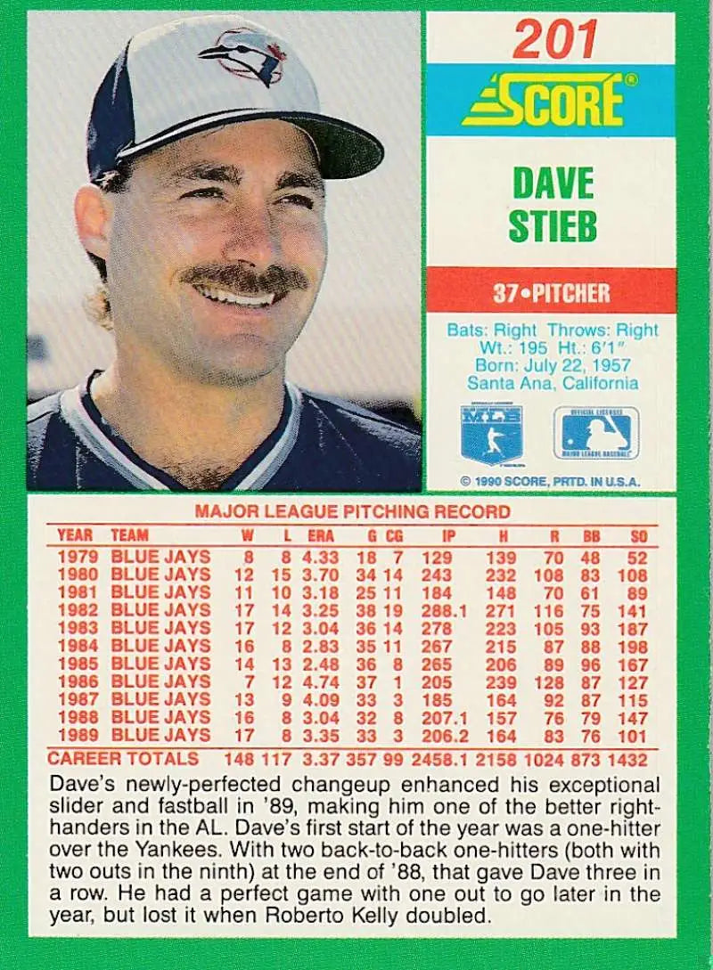 1990 Score #201 Dave Stieb EX Excellent Toronto Blue Jays Baseball Card