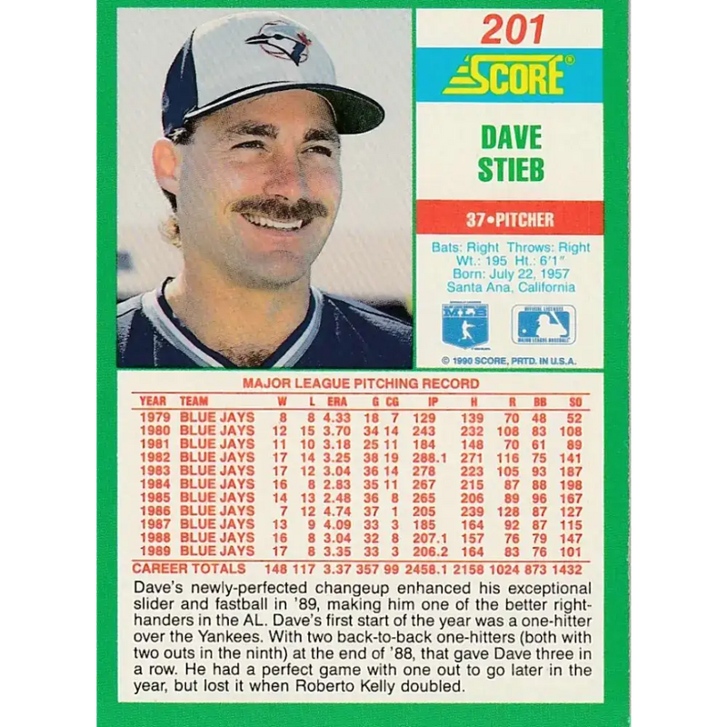 1990 Score #201 Dave Stieb NM-MT Toronto Blue Jays Baseball Card - Baseball Card Single
