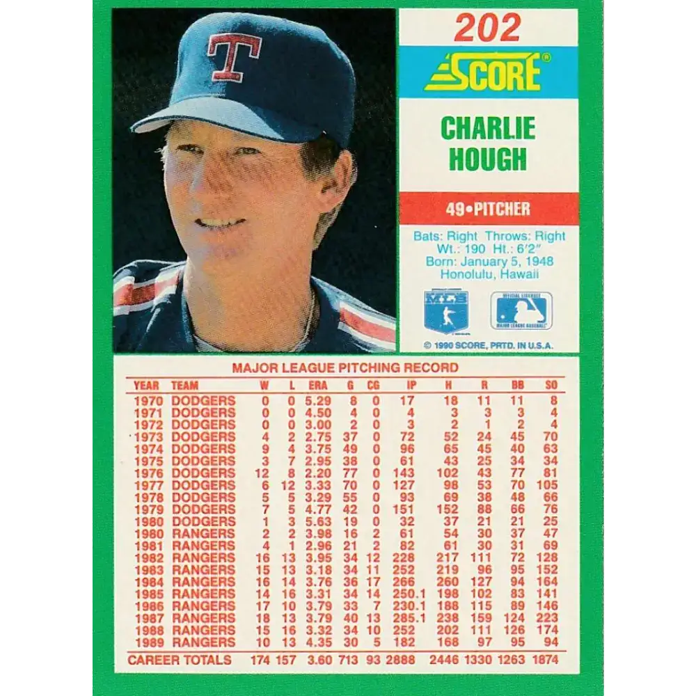 1990 Score #202 Charlie Hough NM-MT Texas Rangers Baseball Card - Baseball Card Single