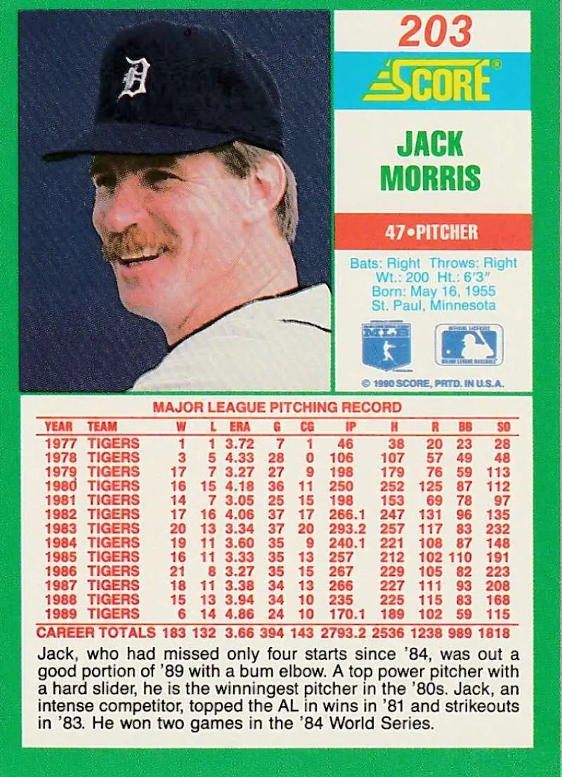1990 Score #203 Jack Morris EX Excellent Detroit Tigers Baseball Card - Baseball Card Single