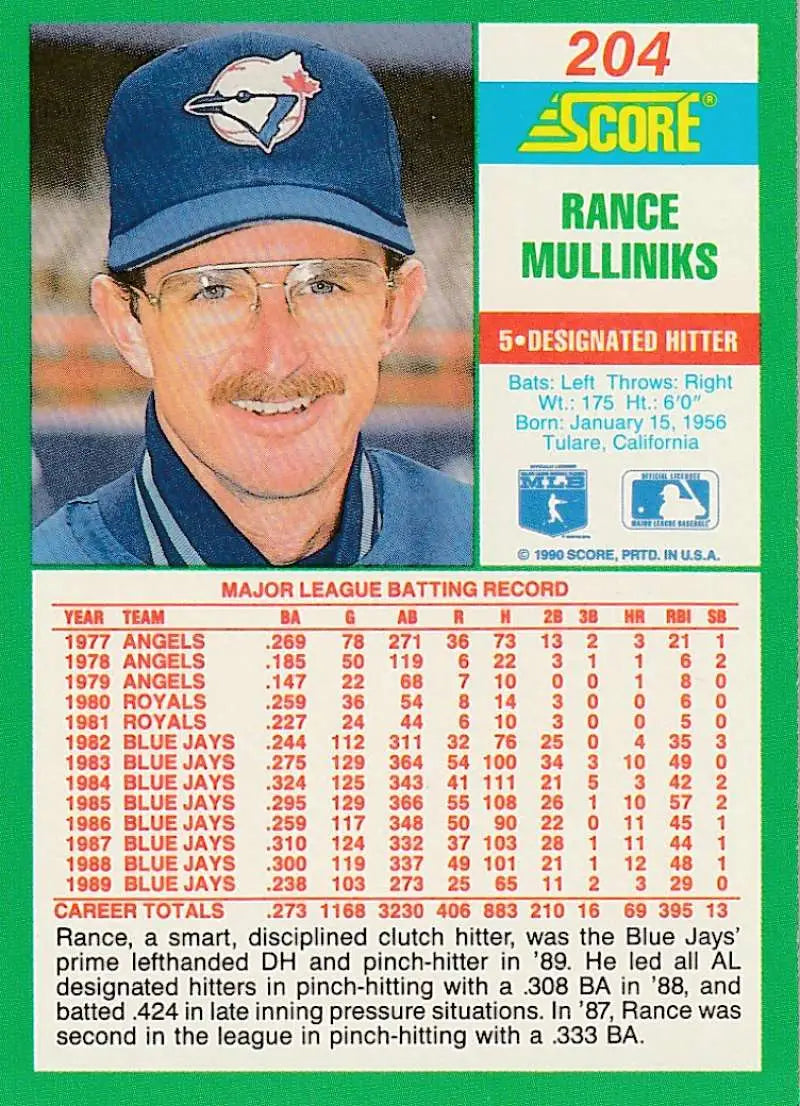 1990 Score #204 Rance Mulliniks EX Excellent Toronto Blue Jays Baseball Card - Baseball Card Single