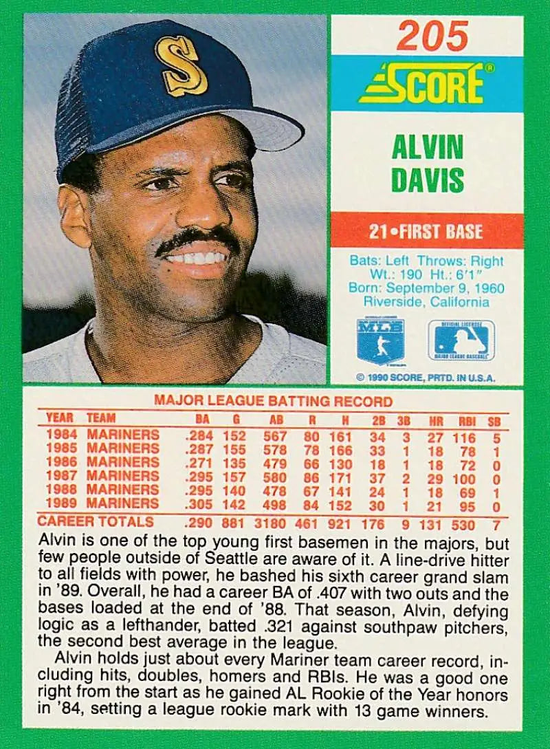 1990 Score #205 Alvin Davis EX Excellent Seattle Mariners Baseball Card - Baseball Card Single