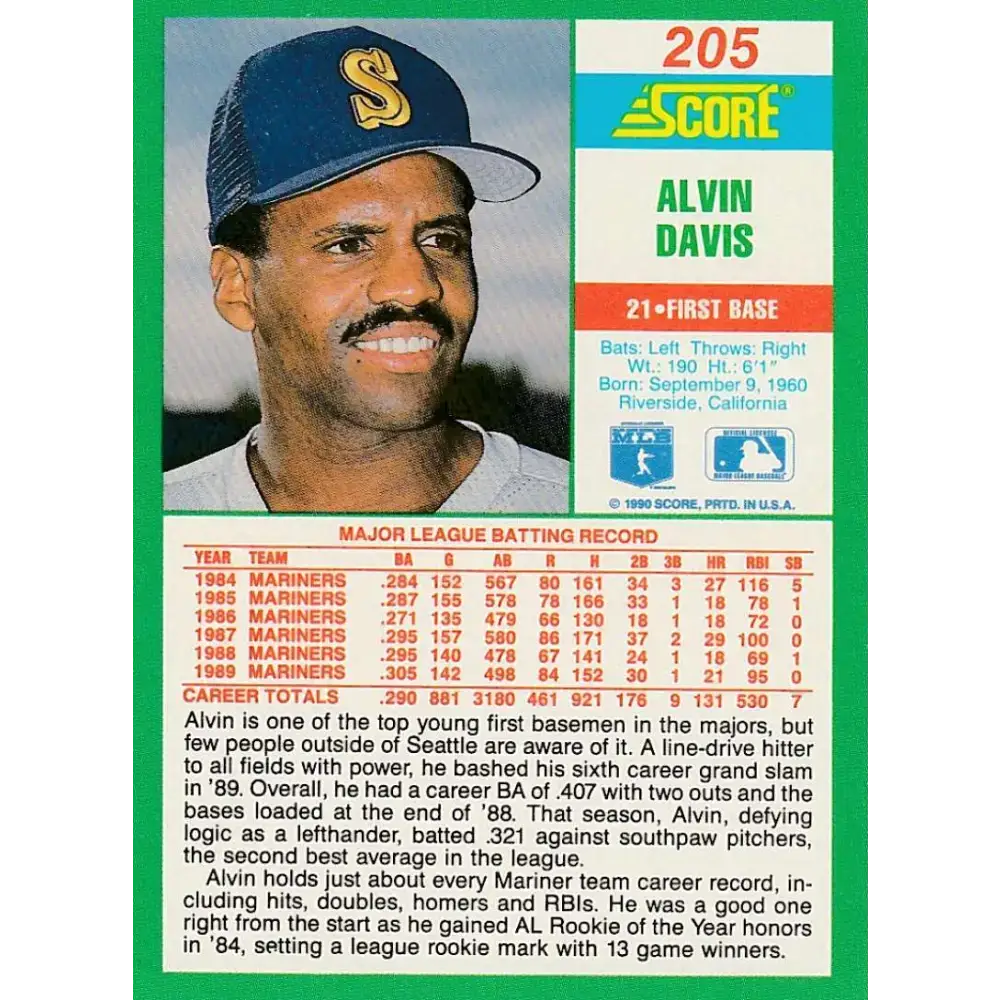 1990 Score #205 Alvin Davis NM-MT Seattle Mariners Baseball Card - Baseball Card Single