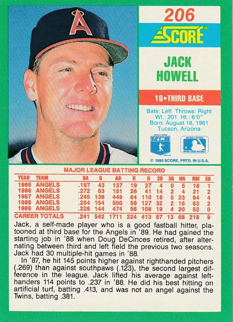 1990 Score #206 Jack Howell EX Excellent California Angels Baseball Card - Baseball Card Single
