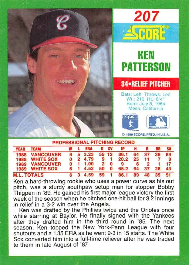 1990 Score #207 Ken Patterson EX Excellent Chicago White Sox Baseball Card - Baseball Card Single