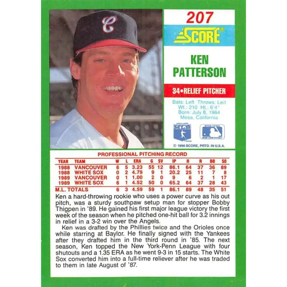 1990 Score #207 Ken Patterson NM-MT Chicago White Sox Baseball Card - Baseball Card Single