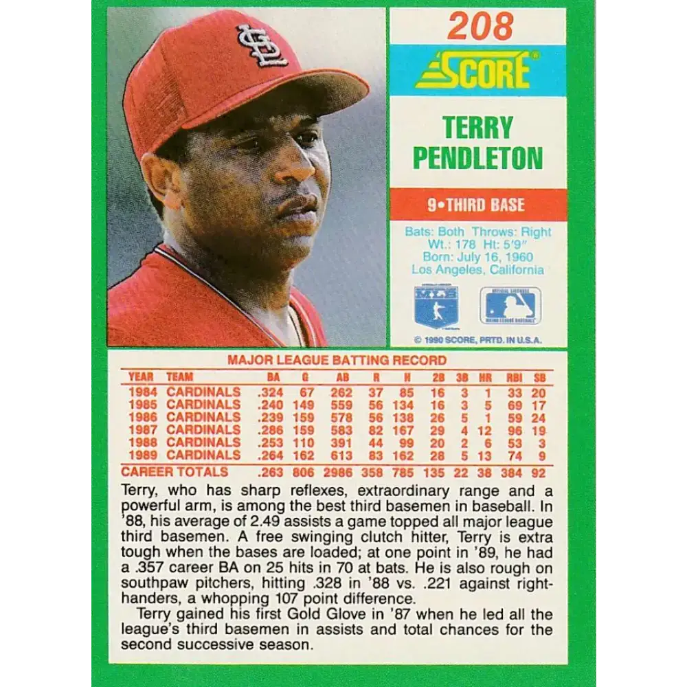 1990 Score #208 Terry Pendleton NM-MT St. Louis Cardinals Baseball Card - Baseball Card Single