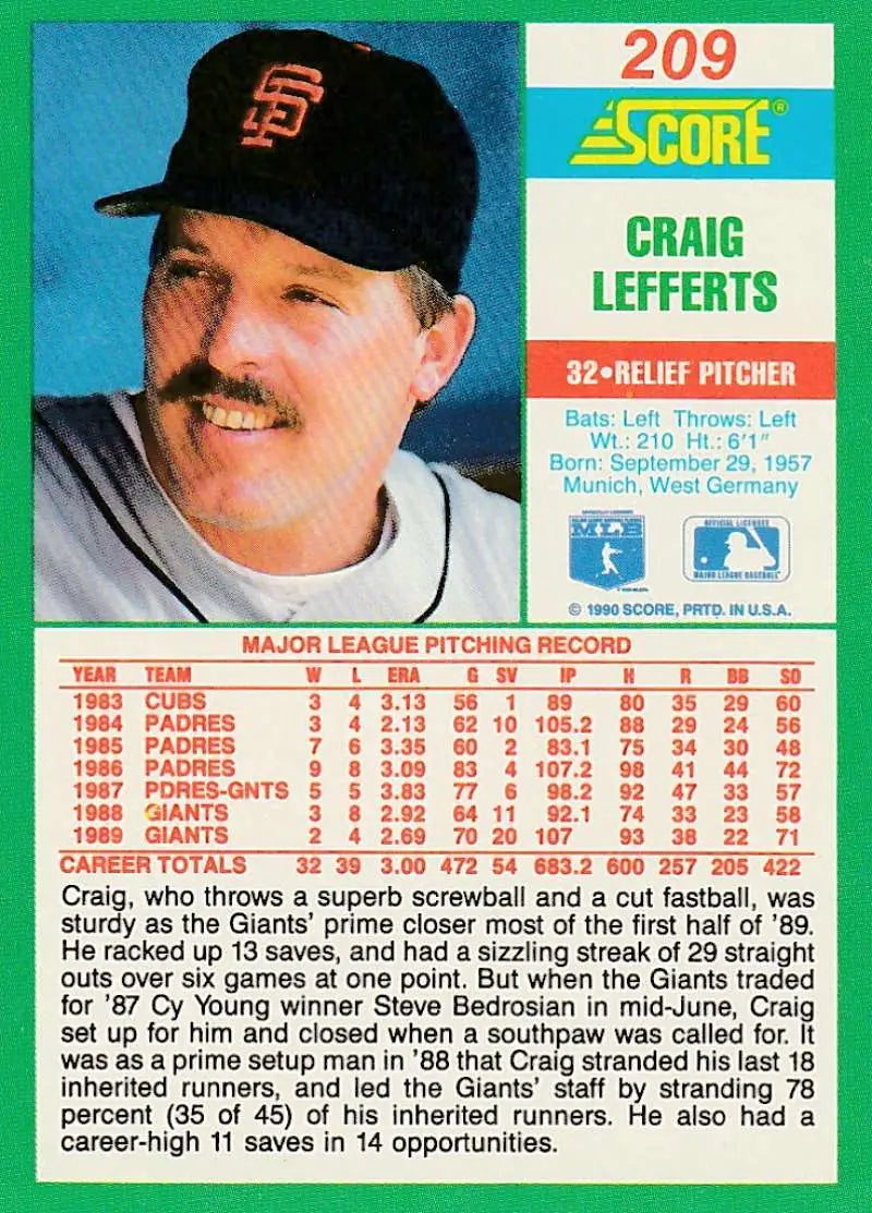 1990 Score #209 Craig Lefferts EX Excellent San Francisco Giants Baseball Card - Baseball Card Single