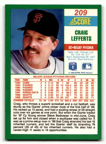Craig Lefferts baseball card with original gloss, NM-MT condition from 1990 Score series
