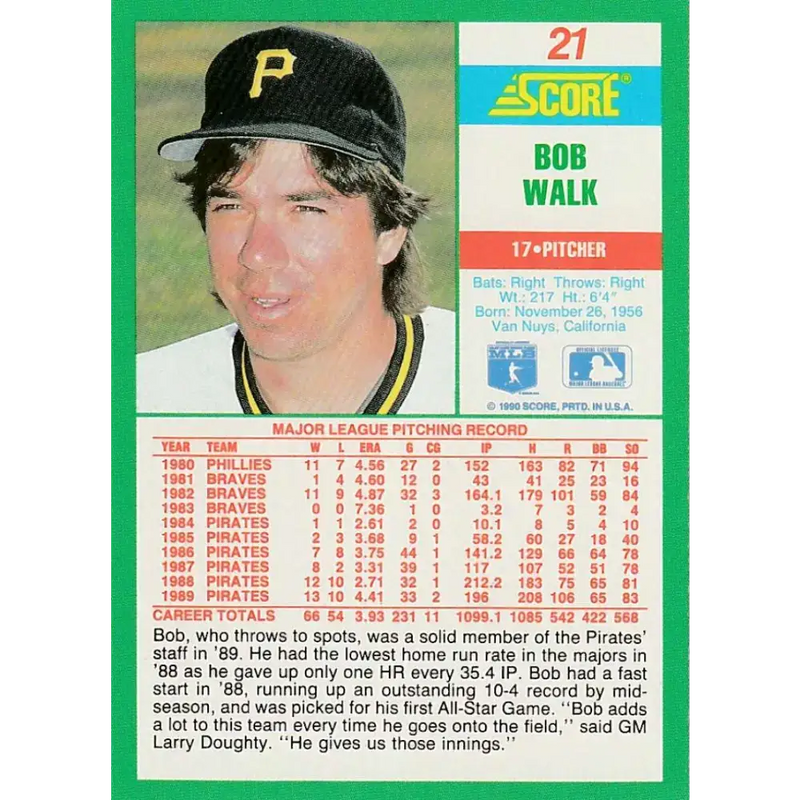 1990 Score #21 Bob Walk NM-MT Pittsburgh Pirates Baseball Card - Baseball Card Single