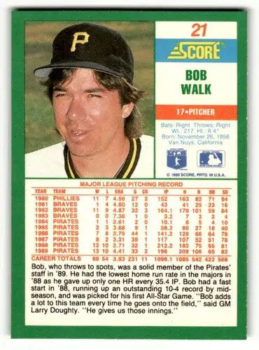 Original gloss 1990 Score Bob Walk Pittsburgh Pirates baseball card from the Pittsburgh Pirates team