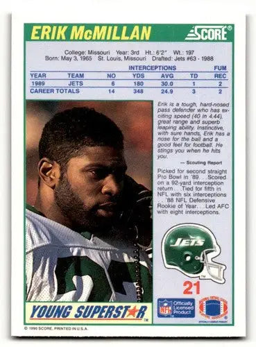 Erik McMillan Jets football card with original gloss from 1990 Score series