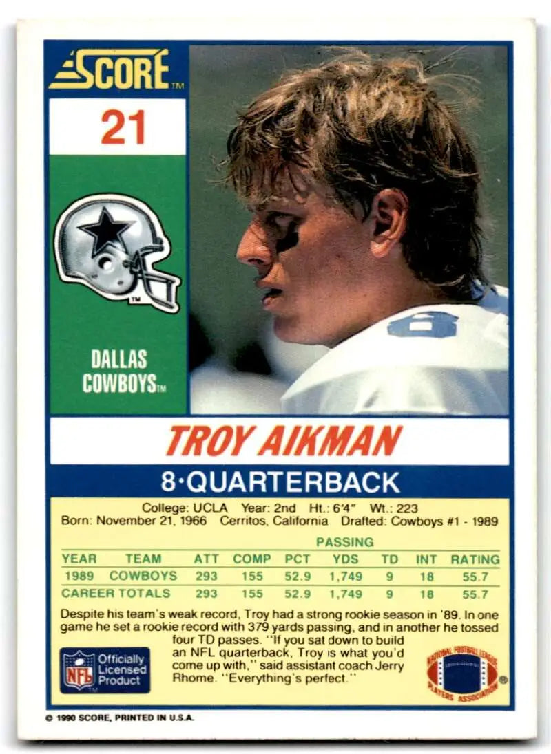 1990 Score #21 Troy Aikman NM-MT Dallas Cowboys Football Card - Football Card Single