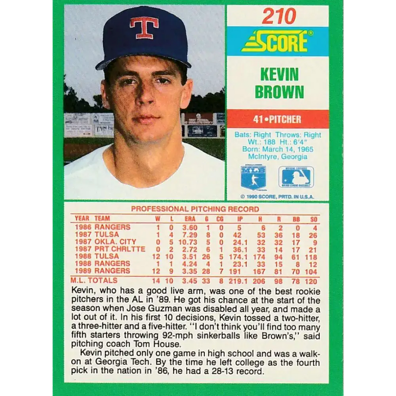 1990 Score #210 Kevin Brown UER NM-MT Texas Rangers Baseball Card - Baseball Card Single