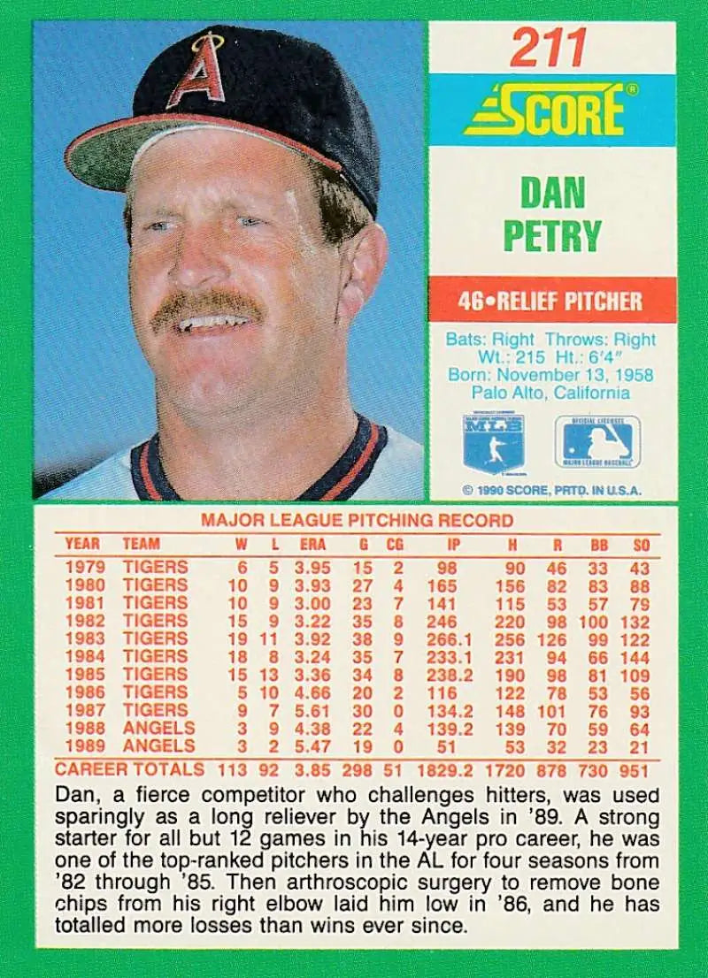 1990 Score #211 Dan Petry EX Excellent California Angels Baseball Card - Baseball Card Single