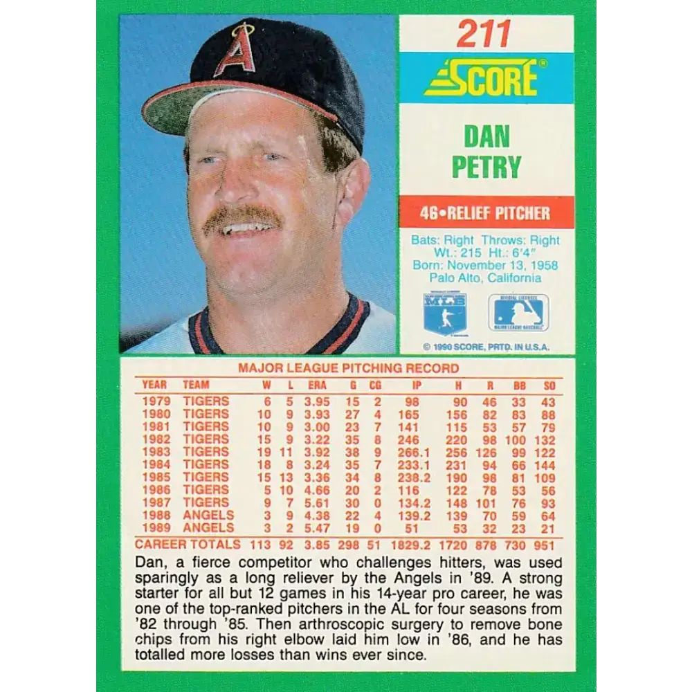 1990 Score #211 Dan Petry NM-MT California Angels Baseball Card - Baseball Card Single