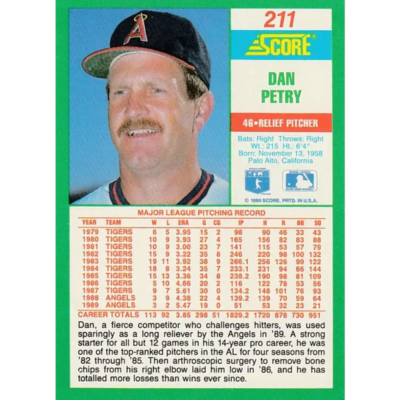 1990 Score #211 Dan Petry NM-MT California Angels Baseball Card - Baseball Card Single