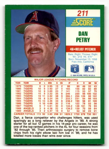 1990 Score Dan Petry baseball card with original gloss from Angels team collection