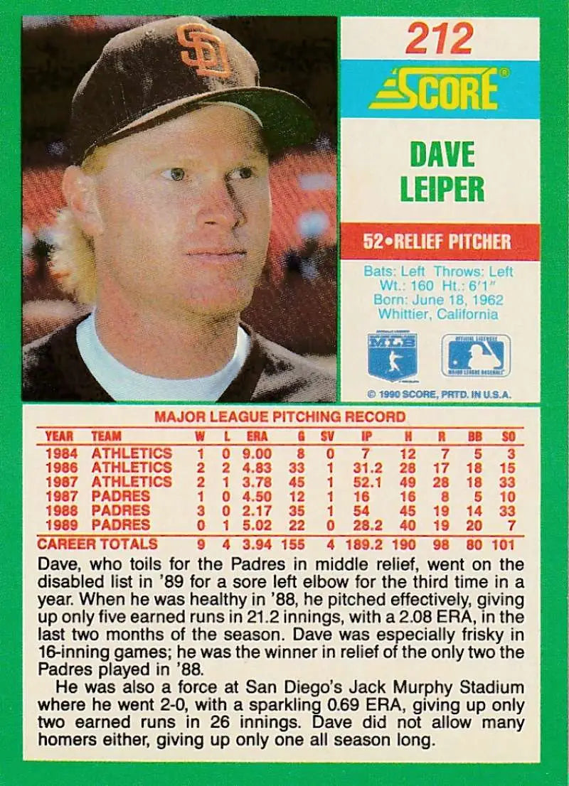1990 Score #212 Dave Leiper EX Excellent San Diego Padres Baseball Card - Baseball Card Single