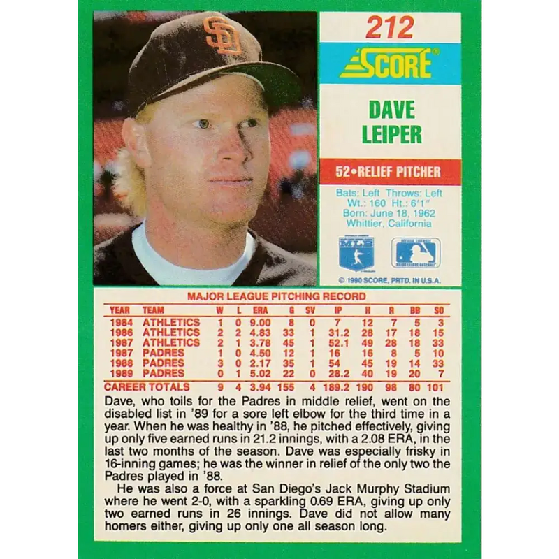1990 Score #212 Dave Leiper NM-MT San Diego Padres Baseball Card - Baseball Card Single