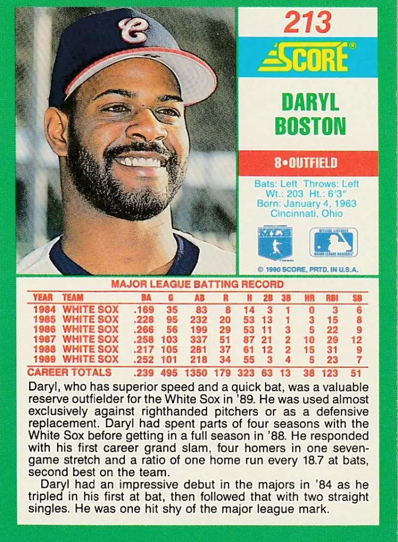 1990 Score #213 Daryl Boston EX Excellent Chicago White Sox Baseball Card - Baseball Card Single