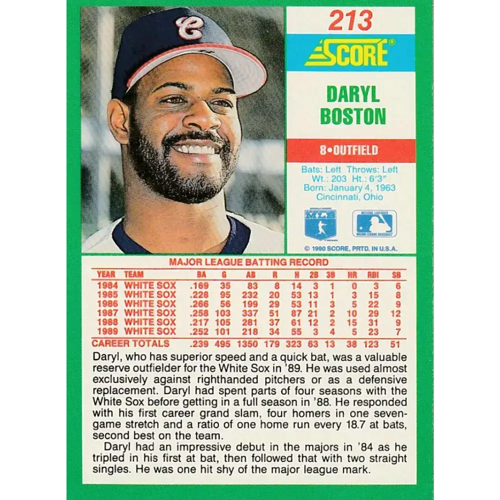 1990 Score #213 Daryl Boston NM-MT Chicago White Sox Baseball Card - Baseball Card Single