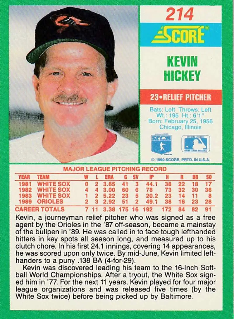 1990 Score #214 Kevin Hickey EX Excellent Baltimore Orioles Baseball Card - Baseball Card Single
