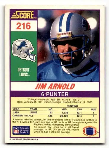 1990 Score #216 Jim Arnold Detroit Lions Football Cards EX/NM ID:57402 - Football Card Single