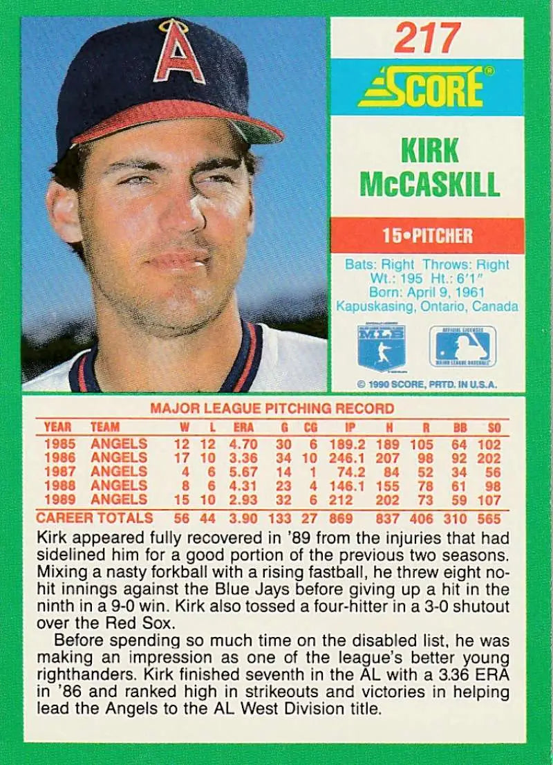 1990 Score #217 Kirk McCaskill EX Excellent California Angels Baseball Card - Baseball Card Single